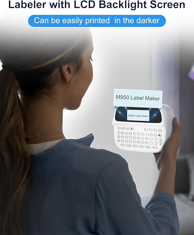 Memoqueen Label Maker, Label Maker Waterproof-Labels,Rechargeable Bluetooth Labeler with Backlit LCD, Multi-Symbol Icon Style Template Desktop Label Machine Widely Used in Office, Home,School