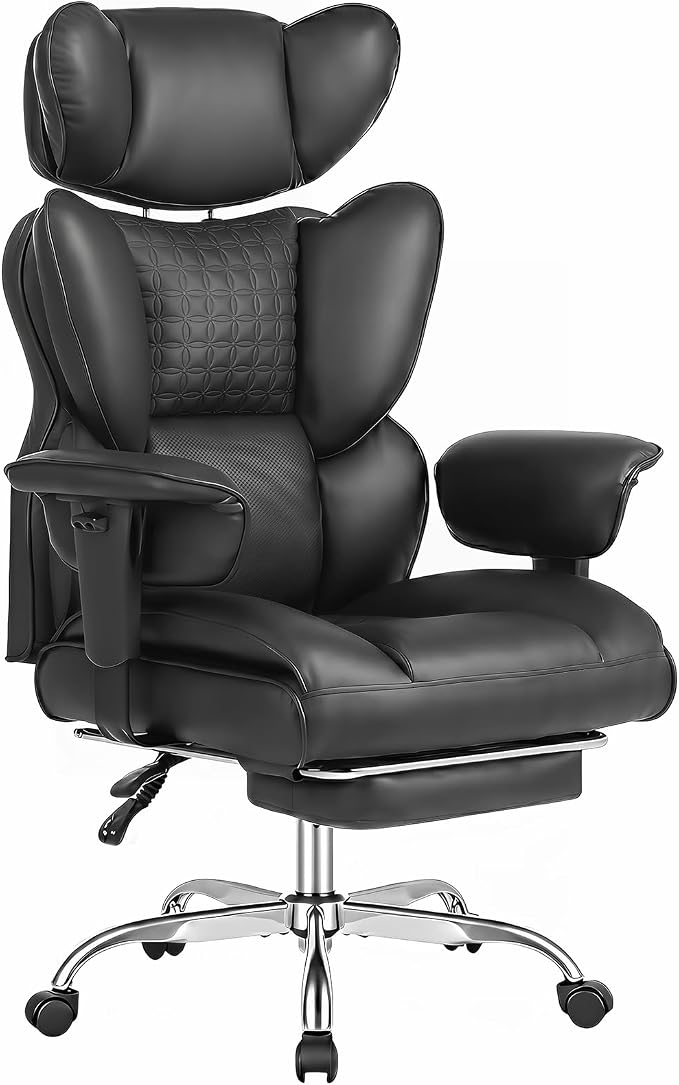 DUMOS Big and Tall Home Office Desk Chair, Executive Chair with Footrest | PU Leather, Ergonomic Comfy Lumbar Support, High Back Reclining, Adjustable Armrests, Black