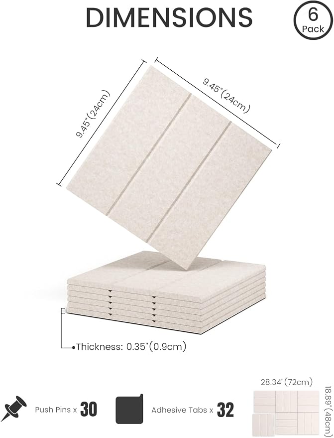 28" x 18" Cork Board Alternative, Wide Stripe, Oatmeal | 6-Pack Felt Pin Board Tiles, 30 Adhesive Tabs, Custom Wall Layout, Photo Display, Memo Board, Office, Classroom, Dorm