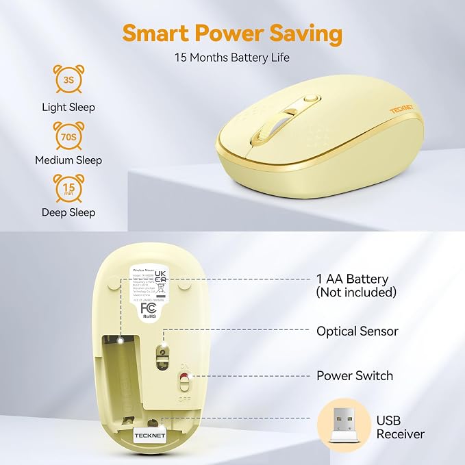 TECKNET Compact Ambidextrous Wireless Mouse for Laptop Yellow | 2.4G Quiet Computer Mouse with USB Receiver, 3 Adjustable DPI Portable Cordless Mice for Chromebook, Laptop, PC, Mac