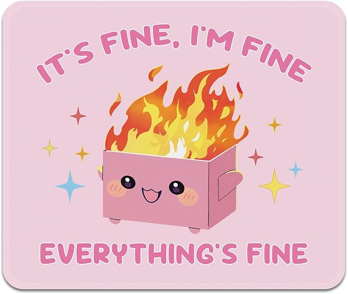 Mouse Pad with Stitched Edges - Funny Mousepad for Women, 9.25 x 7.75 inch Washable Square Desk Pad, Non-Slip Rubber Base, Office Home Laptop Accessories - Pink Box on Fire