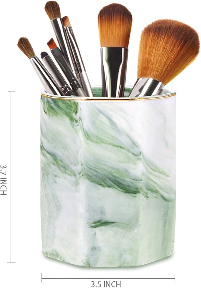 Pencil Holder, Pencil Cup for Desk, Makeup Brush Holder Cup, Cute Pencil Stand Marble Decorative for Kids Durable Ceramic Desk Organizer for Office, Classroom, Home, Antique Green Marble