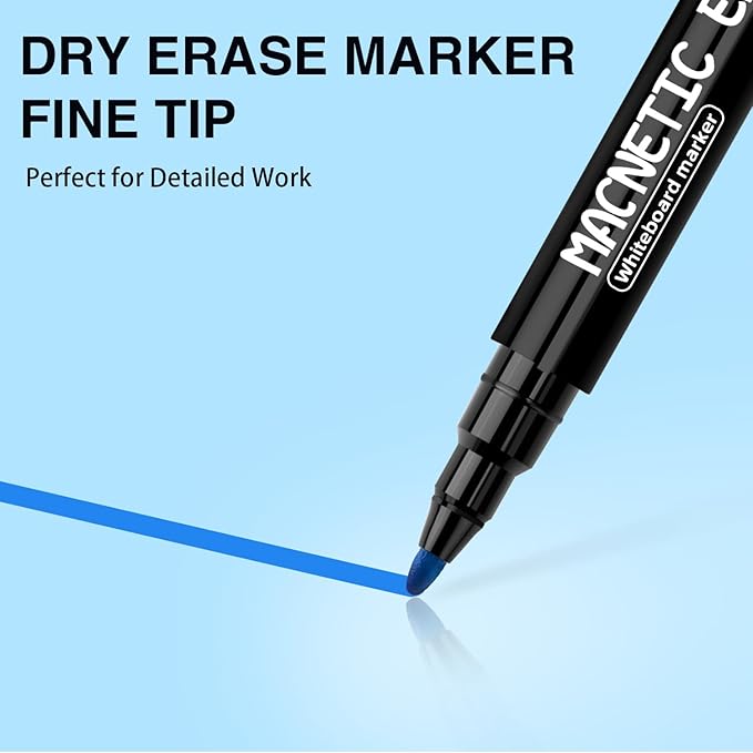 Magnetic Dry Erase Markers Fine Tip - 12 Colors Whiteboard Markers with Eraser Cap, Low Odor Thin Dry Erase Markers for Office Professional Use, Work On White board & Calendar