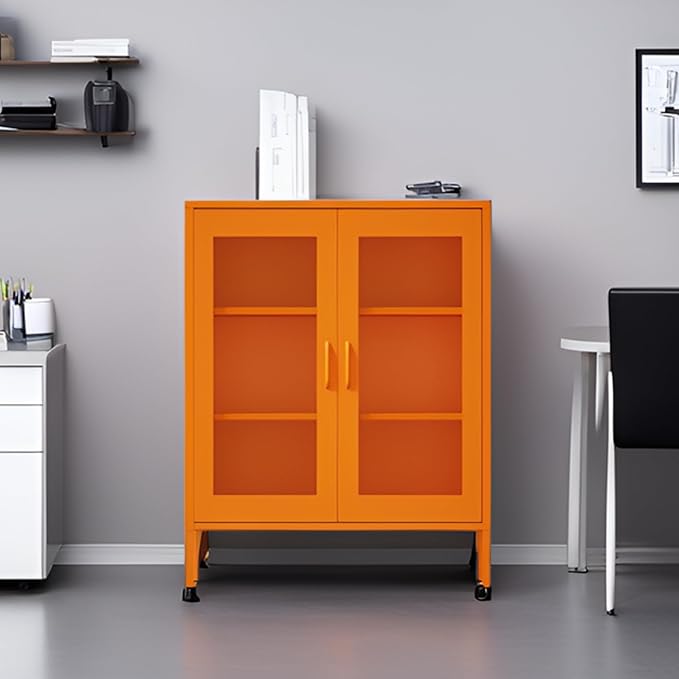 Washsemba Metal Storage Cabinet with Mesh Doors,Steel Display Cabinet with Adjustable Shelves,Metal Office Storage Locker for Home Office,Garage (Orange, 40''H)