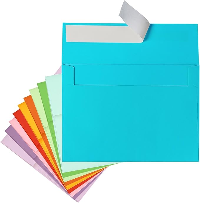 Colored Envelopes Self Seal A7 50 Pack, 10 Colors, Goefun 5.25 x 7.25 Printable Invitation Envelopes for 5x7 Cards, Weddings, Graduation, Photos, Baby Shower, 120 GSM