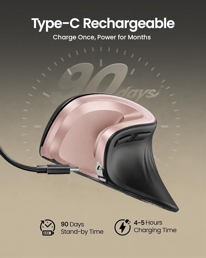 ProtoArc EM11 NL Wireless Ergonomic Mouse, Rechargeable, Black Pink | 58° vertical design supports a natural wrist posture, connect 3 devices via Bluetooth/2.4G USB-A, 500mAh USB-C rechargeable.