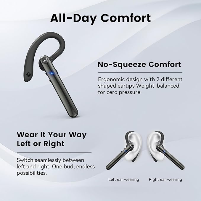 Bluetooth Headset, Wireless Bluetooth 5.4 Earpiece with 10Hrs Hands Free Talk Time, Single-Ear Headset with Noise Canceling Mic, Dual Pairing Headphones for Business/Office/Driving/Trucker/Android/iOS