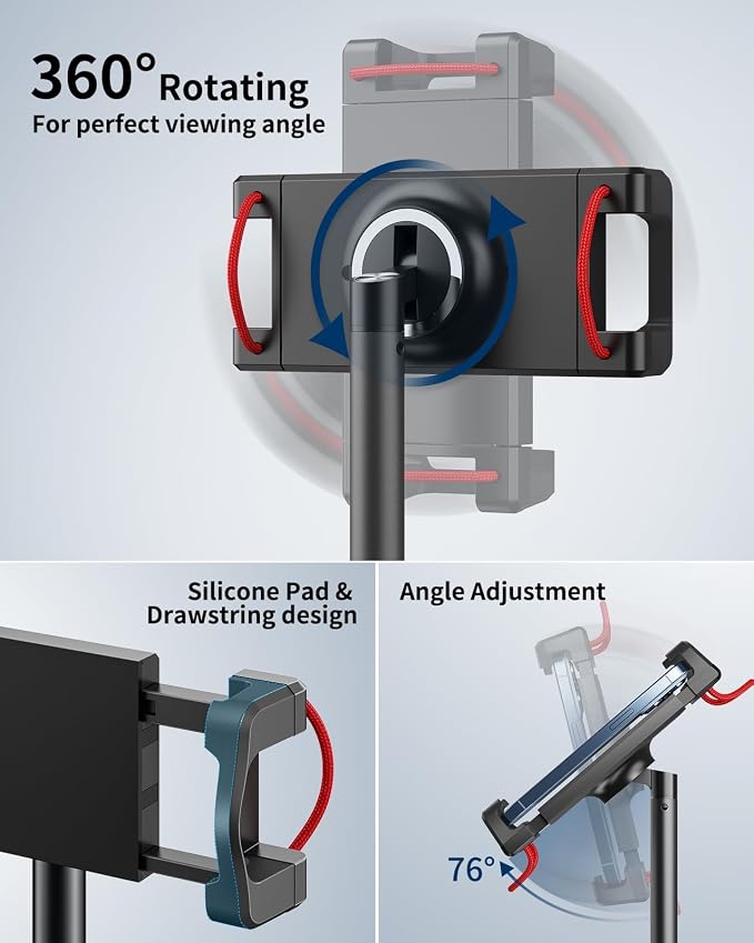 SAIJI iPad Stand for Desk - Height Adjustable & Weighted Base Phone Holder | Aluminum Stand with a 360° Rotating Clamp, Extra Tall, for iPad Air/Pro iPhone & Portable Monitor, Fits 4.7"–15.6" Screens