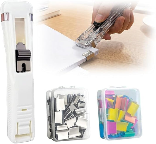 Portable Binder Clip Stapler, 2026 New Portable Office Tool, Durable Desk Organizer for Study Room, 100 Metal Refill Clips (50 Silver + 50 Color) for Home (1, White)