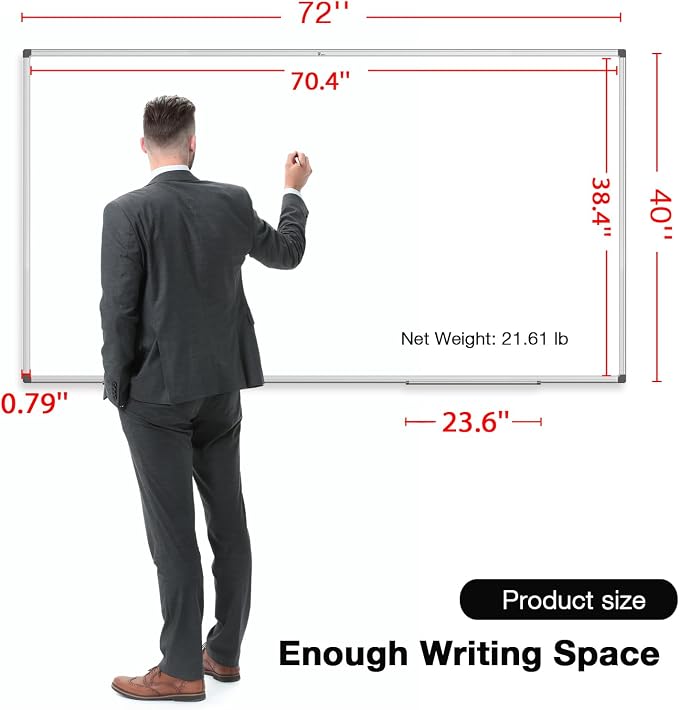 TOWON Magnetic Dry Erase Board 72x40 in, Aluminum Frame, Silver Border | Large wall mounted white board with markers, pen tray, magnets and cleaning wipe for office and classroom