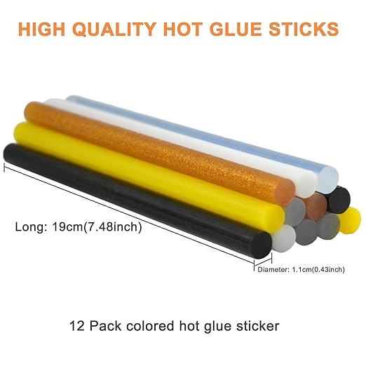 Colored Hot Glue Sticks: 12 Pack Full Size Sticks Bulk for Hot Glue Gun 8 Inch Long X .43 Inch Diameter (12PCS Colored)