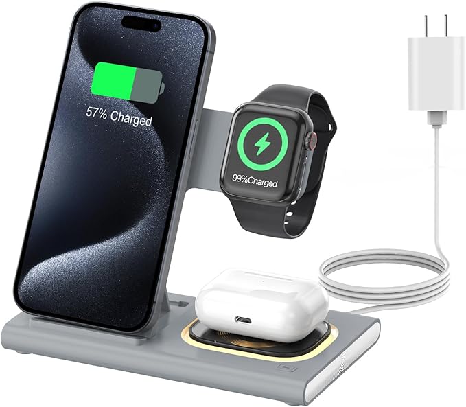 3 in 1 Foldable Wireless Fast Charging Station for Apple Multiple Devices | iPhone Charging Station for iPhone 17, Travel iWatch Charger Stand, Light Nightstand Charging Dock for Apple Watch/Airpods