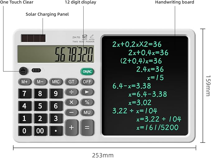 Desk Calculator with Erasable Writing Pad, 12-Digit Wide Screen Display, 100,000+ Reusable LCD Notepad, One-Click Clear & Lock Function, Solar and Battery Dual Power for Office,School,Business (White)