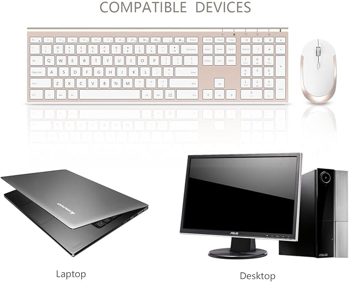 Vssoplor Wireless Keyboard and Mouse, Rechargeable Ultra Slim, White Gold | Quiet Full-Size Keyboard and Mouse Combo Set, for Laptop, PC, Notebook, Desktop, 2.4GHz Stable Connection, Ideal for Office