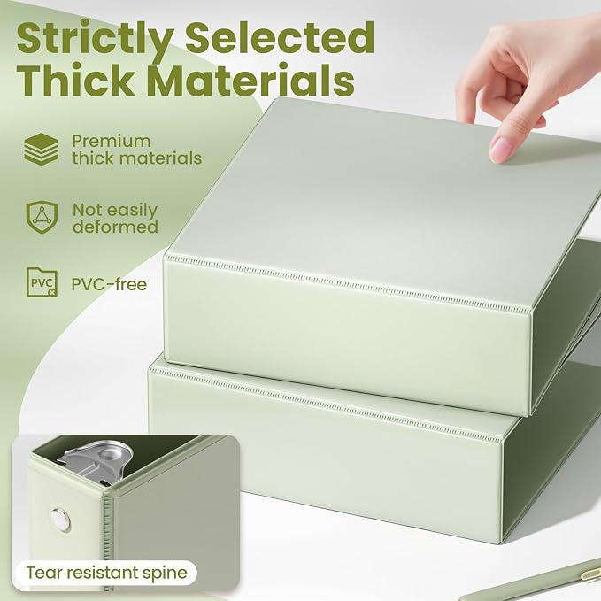 SUNEE 3 Ring Binder 3 Inch 2 Pack, Clear View Three Ring PVC-Free (Fit 8.5x11 Inches) for School or Office Supplies, Sage Green