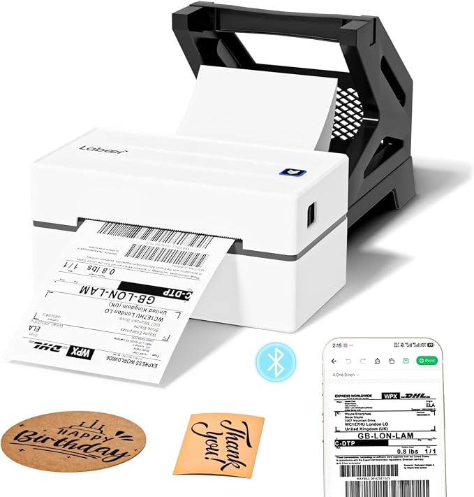 Labeer Bluetooth Thermal Shipping Label Printer with Label Holder, Wireless 4x6 Label Printer for Small Business, Compatible with iPhone, Android, Windows, Mac & Chromebook (White)
