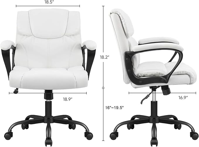 Furmax Mid Back Executive Office Chair Swivel Computer Task Chair with Armrests,Ergonomic Leather-Padded Desk Chair with Lumbar Support(White)