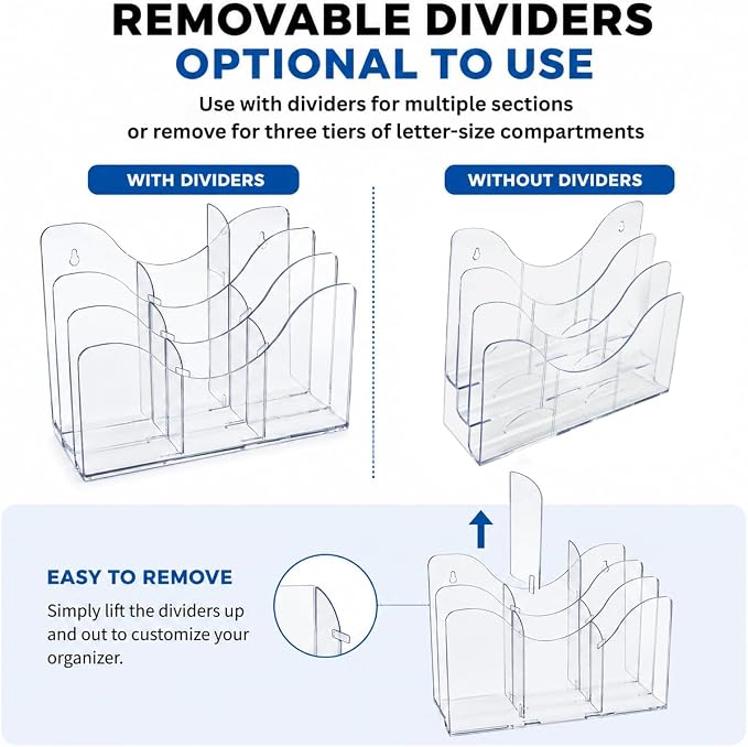 Azar Displays 250099-6PK Three Tier File and Brochure Desktop Wall Organizer Holder with Dividers brochure display stand acrylic file holder, Clear , 6-Pack