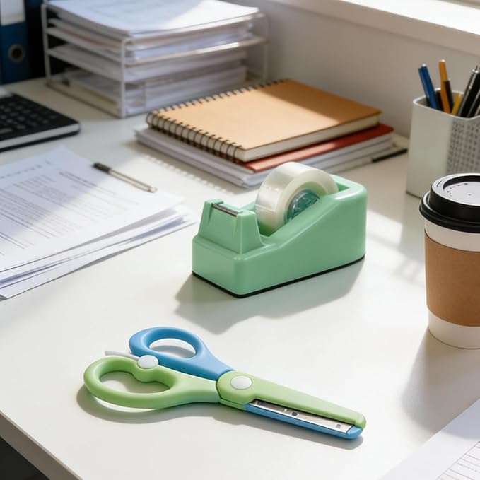 Desktop Tape Dispenser Kits with Weighted Nonskid Base Tape Dispenser- Includes 9 Rolls of Transparent Tape(0.71 Inch x 500 inches Each) & Blue Scissors, 2 Pcs Tweezers (Green)