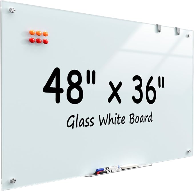MaxGear 48" x 36" Glass Whiteboard Wall Mounted for Office Home Classroom | Magnetic Glass Dry Erase Board, Tempered Glass, Steel Backed, Non-Porous Surface, Frameless Design, Hardware Included