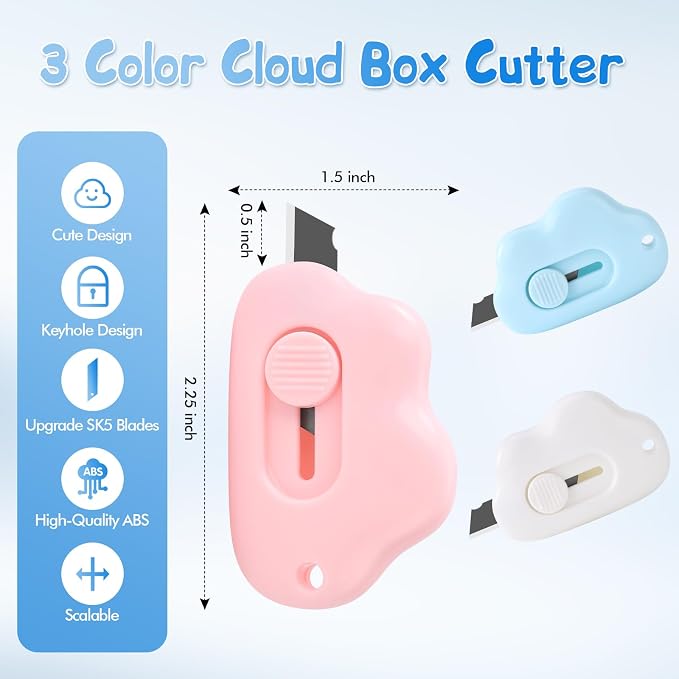 Cloud Shaped Retractable Box Cutter Set - 3Pcs Mini Utility Knife Letter Opener Envelope Slitter, Mini Box Cutters Retractable