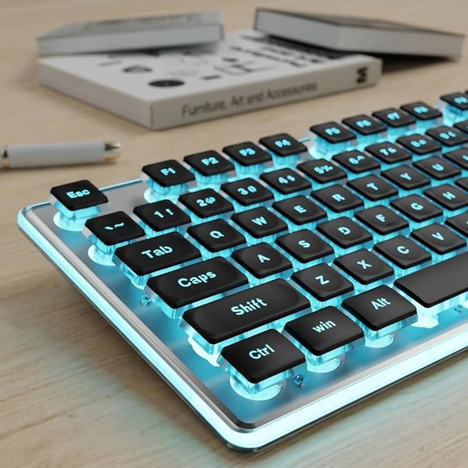 EWEADN GX710S Backlit Computer Keyboards, Wired USB Keyboard with Blue Backlit, Metal Panel, Plug and Play, Pudding Keycaps Full Size Quite Computer Keyboard for Win/PC/Laptop-Black