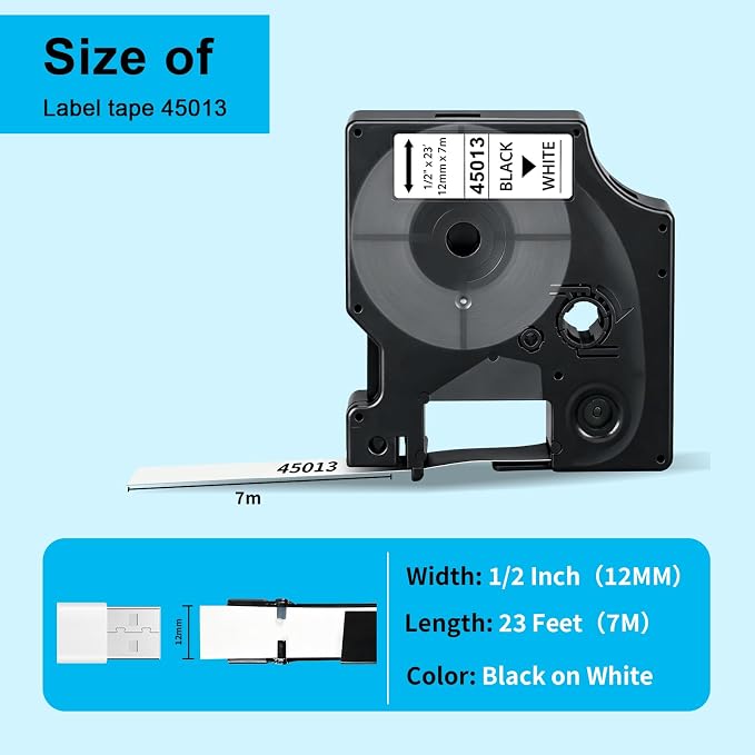 6-Pack Compatible with Dymo Label Maker Refills D1 45013 Black on White | 1/2 Inch x23 Feet Replacement for DYMO D1 Label Tape A45013 S0720530 for Dymo LabelManager 160 280 210D 420P 360D PnP 260P