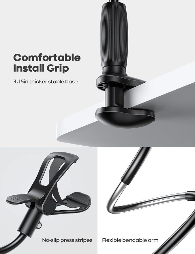Lamicall Gooseneck Phone Holder for Bed, Stable Flexible Arm Stand for Desk | Upgraded Al-Mg Alloy Core, Secure Clamp Base, 33.4" Long Arm, Hands-Free Viewing, Bedside & Desk Use, Fits 4-7" Phones, Black
