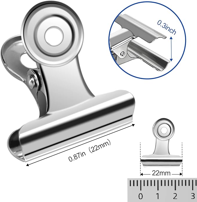 30 Pack Small Bull Clips 0.87 Inch Mini Metal Hinge Clips Binder Paper Hinge Clip for Office, Home, School, Shops, Silver, 22mm