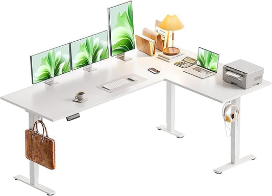 Casaottima 63 Inch Electric L-Shaped Standing Desk, Reversible Corner Desk with Height Adjustment, Large Ergonomic Workstation for Home Office, Reception Room, White