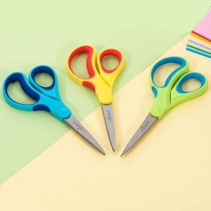 LIVINGO 7" Kids Scissors for School Pointed Tip 3 Pack | Durable Stainless Steel Edge, Soft Handle Design, Teacher Classroom Supplies, Art Craft Activities, Assorted Color