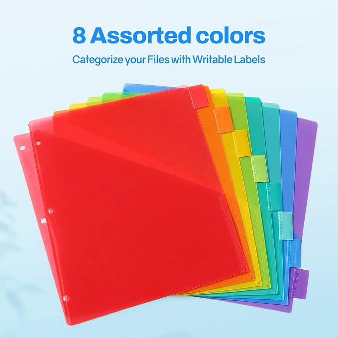 SUNEE 8 Tab Dividers with Pockets, Plastic Dividers for 3 Ring Binder, Subject Dividers with 2 Pockets, Binder Dividers for School Office Home Supplies, Bright Color, 1 Set