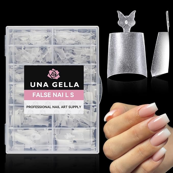 UNA GELLA Short Coffin Fake Nails Pre-buff Half Cover 504Pcs 12 Sizes | No Need File Flexible Gel Nail Tips, Salon Quality Nail Extension DIY Nail Art for Daily Wear & Pro Salon