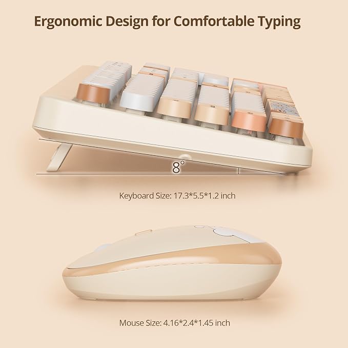 GTSP Creamy Wireless Keyboard and Mouse, Typewriter Office Full-Sized Colorful 2.4G Cute Aesthetic Keyboard for Computer, Laptop, PC Desktops（Brown）