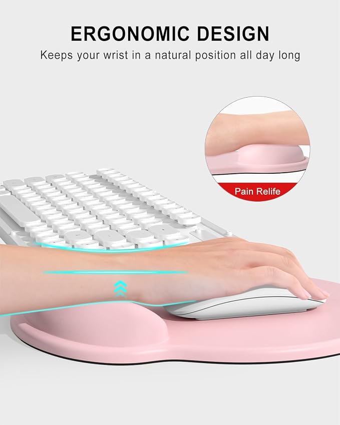 Auhoahsil Ergonomic Mouse Pad with Wrist Rest, Comfortable Silicone Non-Slip Computer Pain Relief Gel Mouse Mat with Wrist Support for Gaming, Work, Office, Women & Men, Cute Pattern, Light Pink