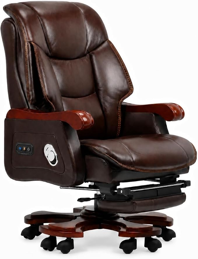 Kinnls Jones Genuine Leather Executive Office Chair with Massage Ventilation and Heating, Luxury Managerial Executive Home Desk Chairs, Big and Tall Recliner with Footrest (Massage Chair-Coffee)