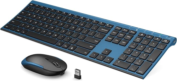 Vssoplor Wireless Keyboard and Mouse, Rechargeable Ultra Slim, Black Blue | Quiet Full-Size Keyboard and Mouse Combo Set, for Laptop, PC, Notebook, Desktop, 2.4GHz Stable Connection, Ideal for Office
