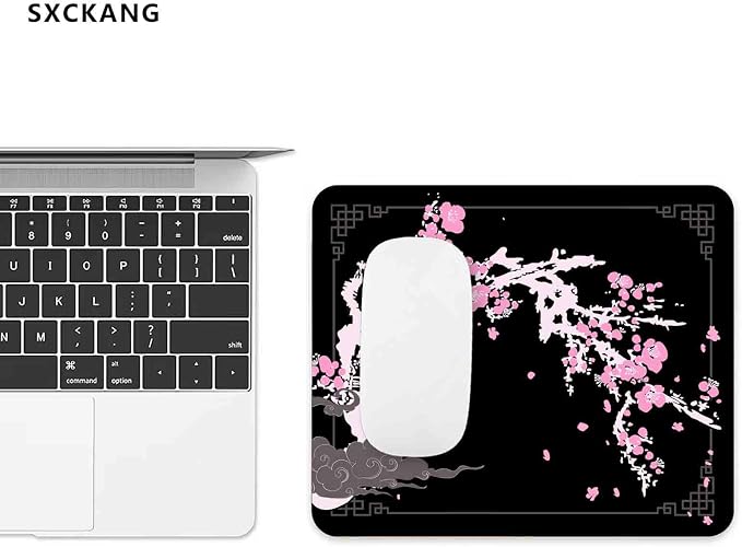 Japanese Aesthetic Mouse Pad, Pink Cherry Blossom Mousepad, Black Cute Small Mouse Mat for Work, Game, Office, Home, Computer Accessories - Japan Sakura Flowers Art, 9.5" x 7.9"