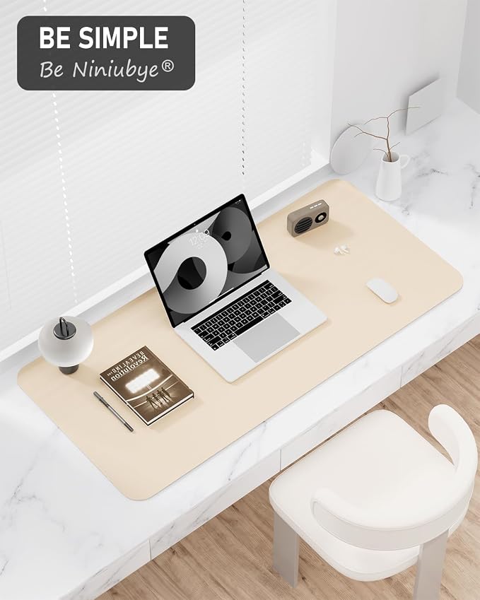 Desk Pad, 23.6" x 13.8" PU Leather Non-Slip Desk Mat Large Mouse Pad for Desktop, Waterproof Laptop Computer Writing Mat for Office, Home, Work, Gaming, Beige