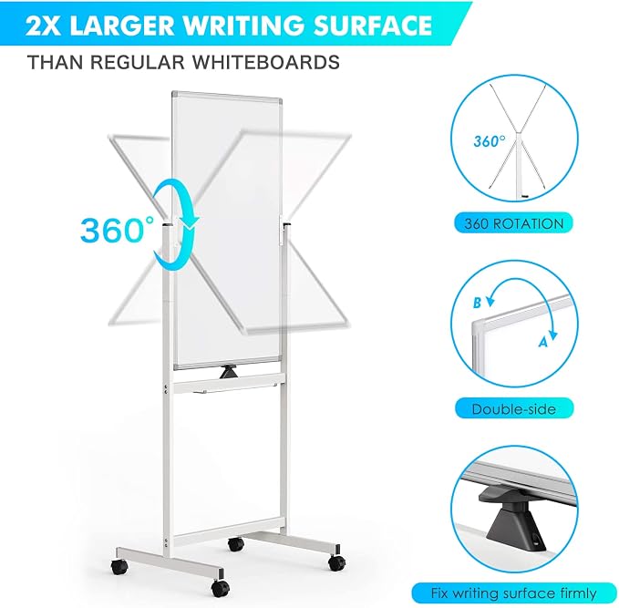 Rolling Whiteboard on Wheels 40" x 24" Aluminum Frame | Magnetic Mobile White Board, Double Sided Dry Erase Easel with Stand. Ideal for Home School, Office and Classroom