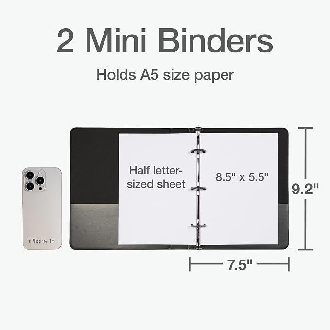 Oxford Mini View Binders, 1" Round Rings, Small Binders for School or Office, Holds A5 Size Paper, 2 Clear Pockets, PVC-Free, Non-Stick, 5.5 x 8.5 Inches, Holds 225 Sheets, Black, 2 Pack (1017044)