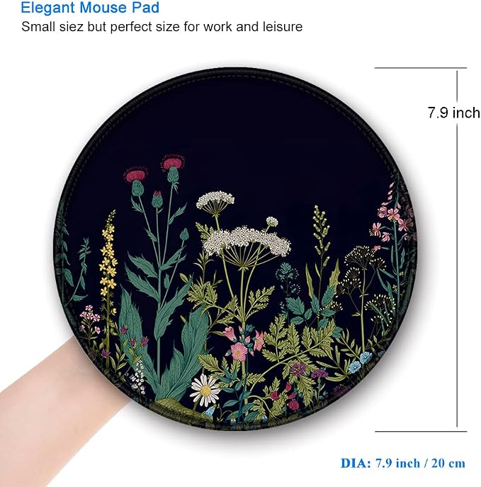 BOSOBO Mouse Pad, Round Floral Mouse Mat, Cute Mouse Pad with Design, Non-Slip Rubber Base Mousepad with Stitched Edge, Waterproof Women Office Mouse Pads, Small Size 7.9" x 7.9", Black Flowers