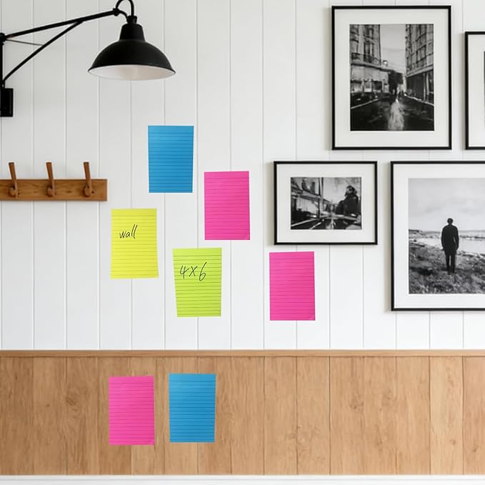 (6 Pack) Lined Sticky Notes 4x6 in,Large Notepads with Lines,Ruled Stickies Super Sticking Power,Office School Memo Note Pads Bright Colors,Post on Windows Doors,Recyclable,Easy to Write on