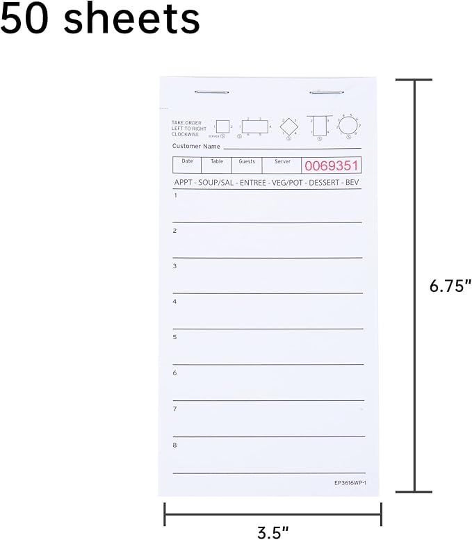 DGBDPACK Guest Check Pads EP-3616WP-1 (10 Pads), Total 500 Sheets White Waitress Notepad, Server Order Pads for Restaurant | 3.5 x 6.75 Inches Standard Size Perfect for Cafe, Restaurant, Food Truck & Takeout Business