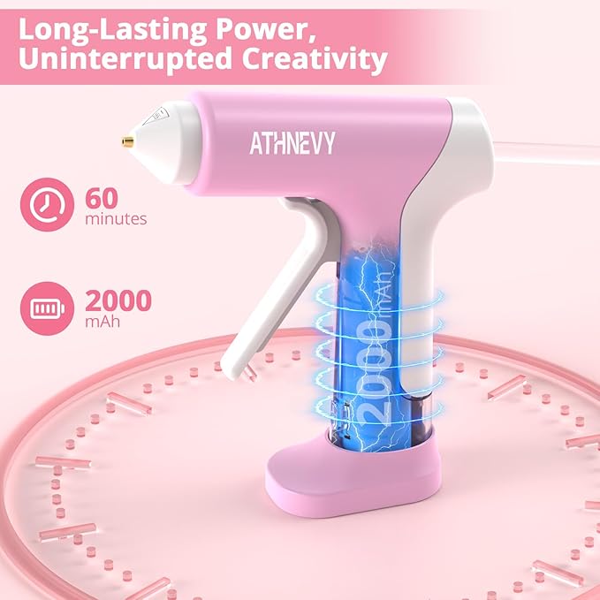 Cordless Hot Glue Gun, 10s Fast Preheat, 30PCS Mini Glue Sticks 7x100mm, 4V 20W Type-C Rechargeable, Anti-Drip, Auto-Off, for DIY Crafts, Repair, Decoration (Pink)