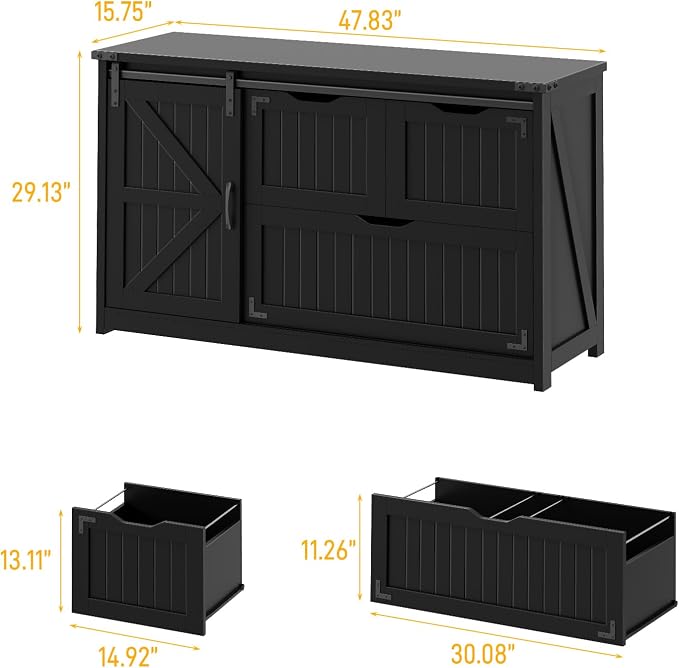 Halitaa 47.8” Farmhouse File Cabinet with Sliding Barn Door, Pure Black | Lateral Filing Storage Cabinets with Adjustable Shelf, 3 Drawers,Office Printer Stand for Hanging Files Letter/Legal/A4/F4
