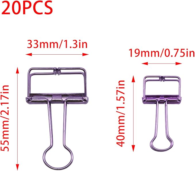 20 Pcs Hollow Out Long Tail Wire Binder Clips, 10 Medium + 10 Small | Purple, Assorted Sizes, Hollow Binder Clamps, Paper Binder Clips for Office School Supplies