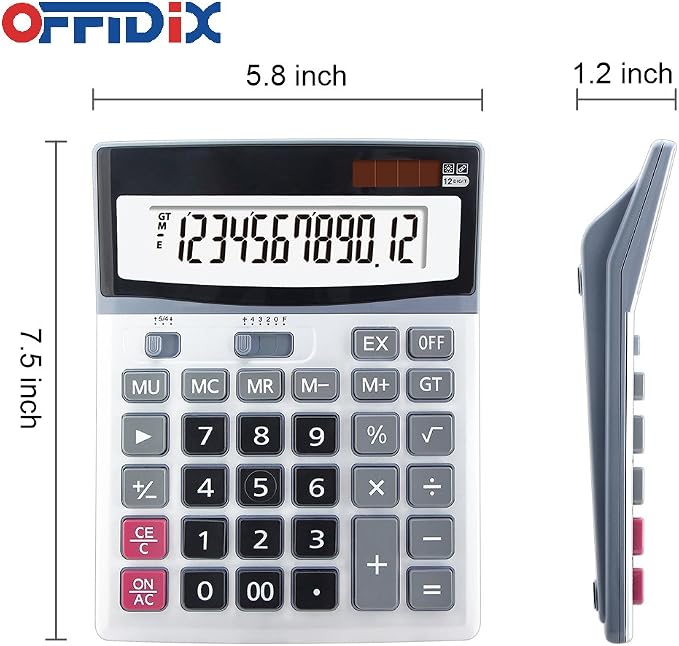 OFFIDIX 12 Digit Large Key Dual Power Electronic LCD Display Calculator | Office Big Calculator Portable Desk Calculator for Daily and Basic Office Ultra-Clear 12-Digit Display with Dual Power Backup