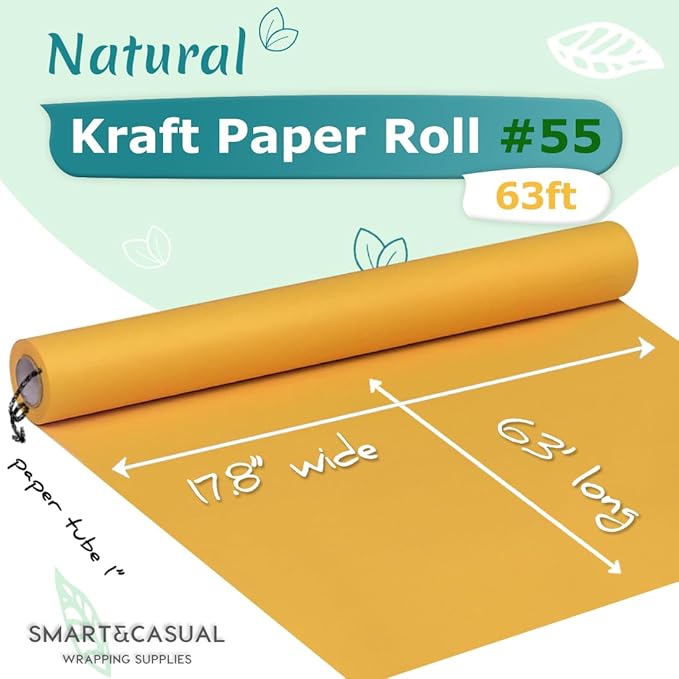 SMART&CASUAL 17.8" x 760" (63') Orange Kraft Craft Paper Roll for Gift Wrapping Bulletin Board Bouquet Flower Kids Art Packing Parcel Table Covering 80GSM 55LB (Orange, 17.8" x 63')