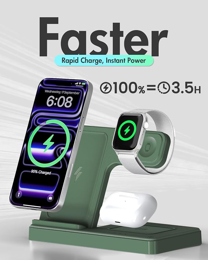 GETPALS Wireless Charger iPhone Charging Station for Apple Multiple Devices | 3 in 1 Charger Stand for iPhone 17 Pro Max 17e 16 16e 15 14 13 12 & Watch Series 11-2 SE Ultra & Airpods 4 3 Pro, Dark Green